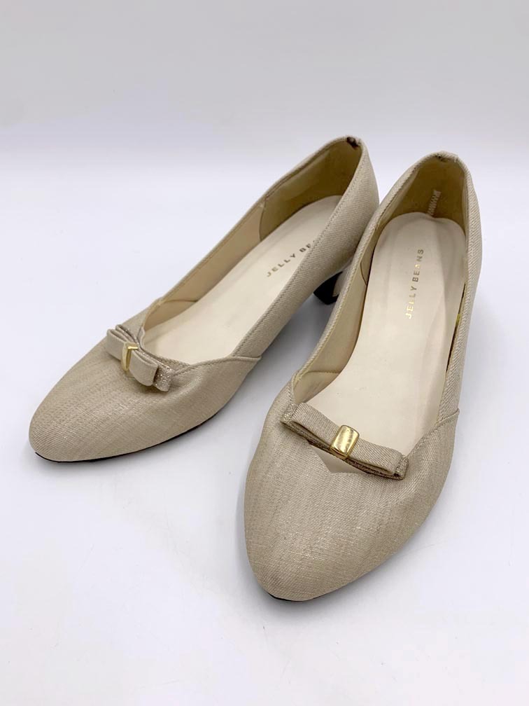 JELLY BEANS ジェリービーンズ ラメ リボン アーモンドトゥ ローヒール パンプス size24/ベージュ ■■拍卖