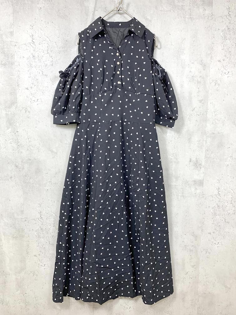 ゆうパケットOK tocco closet トッコクローゼット 186-186065 ハート柄オープンショルダーバックレースアップ ワンピース sizeM/黒 ■◆拍卖