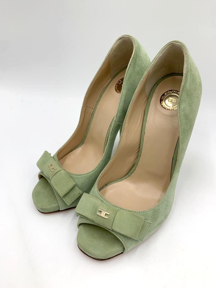 elisabetta franchi エリザベッタ フランキ オープントゥ リボン ハイヒール パンプス size37/黄緑 ■◆拍卖