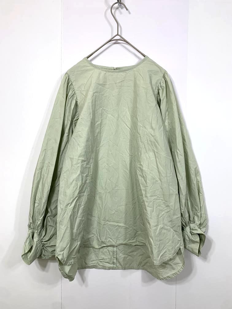 ゆうパケットOK ELFRANK エルフランク ギャザーボリュームスリーブノーカラー ブラウス シャツ sizeF/緑 ■■拍卖