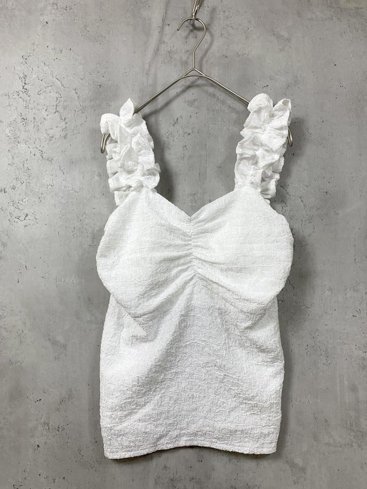 ゆうパケットOK 美品 J1U by LA BELLE ETUDE ジユウ バイ ラベルエチュード 定価7700円 ショルダーフリル タンクトップ sizeF/白 ■◆拍卖