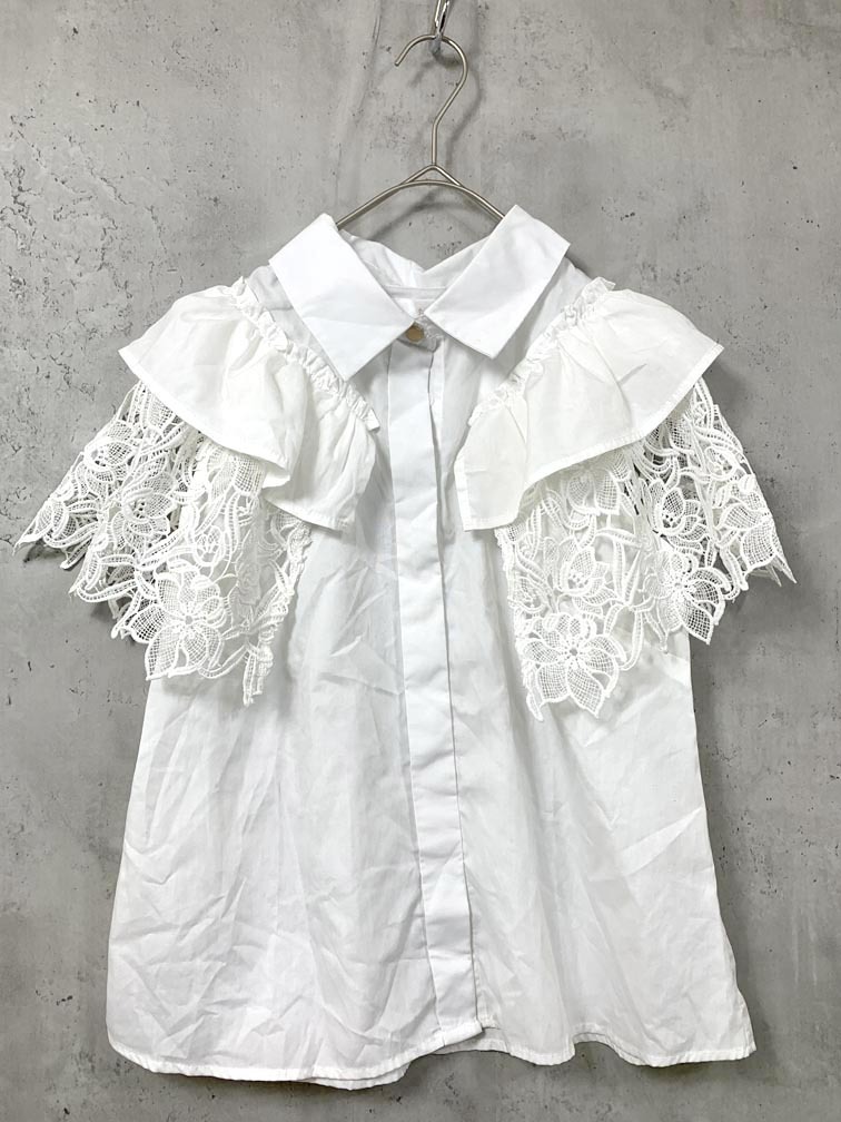 ゆうパケットOK tocco closet トッコクローゼット 186-172491 フリル×フラワーレース コットン ライク ブラウス シャツ sizeM/白 ■◆拍卖