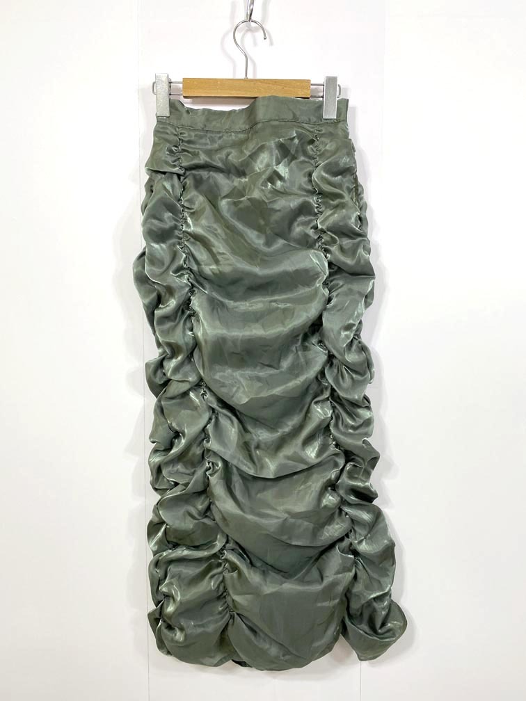 ゆうパケットOK 美品 terrace テラス trc-255006 定価6600円 箔オーガンジーギャザーナロー スカート sizeM/緑 ■■拍卖