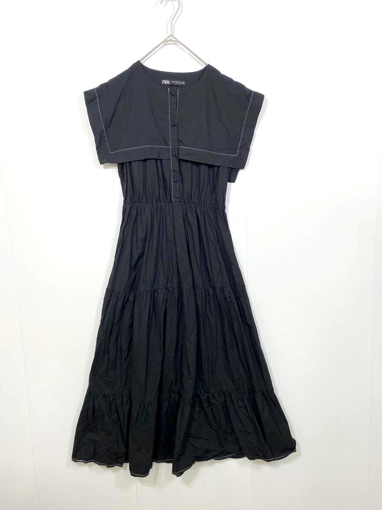 ゆうパケットOK ZARA ザラ 4387/829/800 コントラストトップステッチミディ ワンピース sizeXS/黒 ■■拍卖