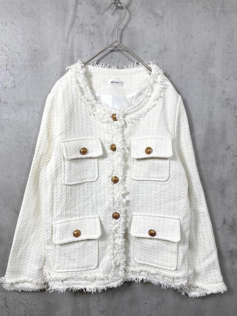 ゆうパケットOK ap retro アプレトロ AP23089 ツイードポケットノーカラー ジャケット sizeF/白 ◆■拍卖