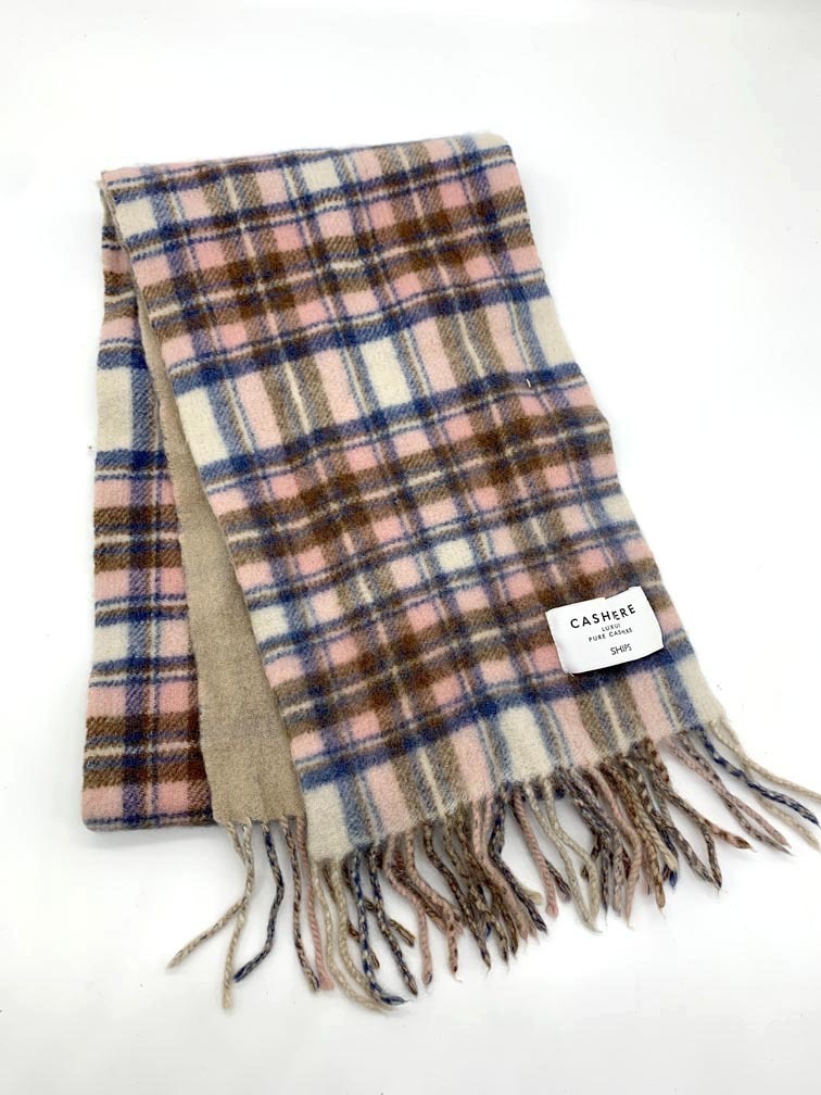 ゆうパケットOK SHIPS シップス カシミヤ リバーシブル チェック マフラー ベージュ×ピンク ◆■拍卖