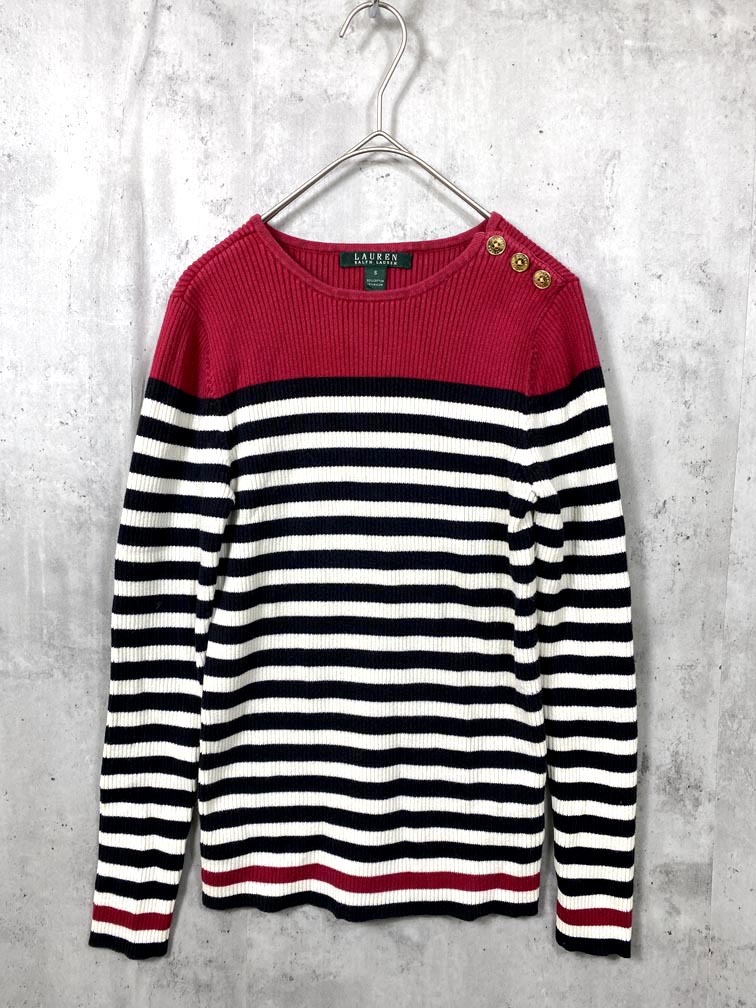 ゆうパケットOK LAUREN RALPH LAUREN ローレンラルフローレン 切り替え ボーダー リブ ニット セーター sizeS/ピンク×白×黒 ■■拍卖