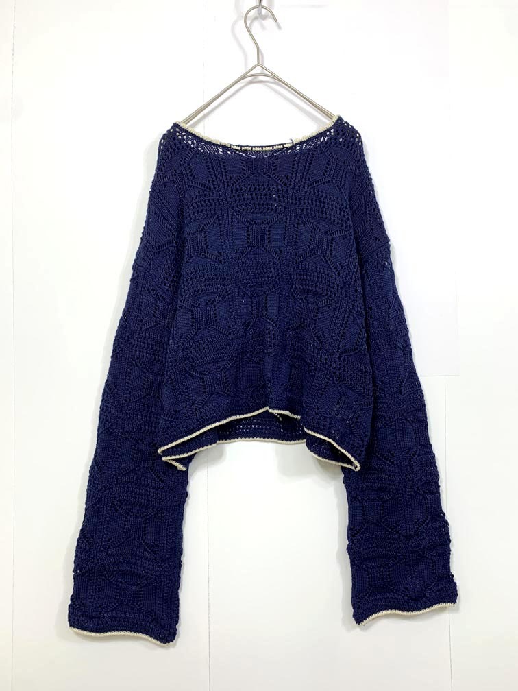 ゆうパケットOK moment+ モーメントプラス mt06075 スクエア柄透かし編み配色ピコショートニット プルオーバー sizeM/青 ■■拍卖