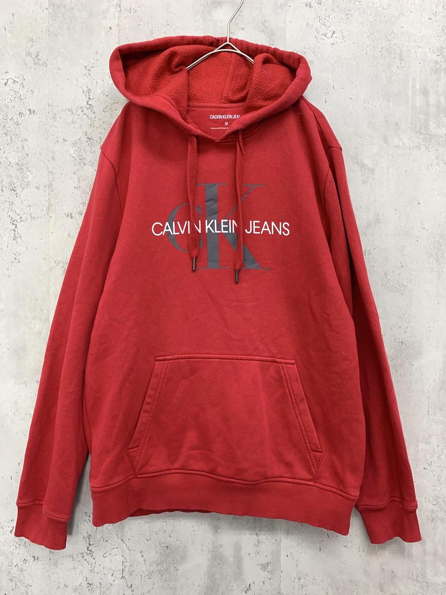 Calvin Klein Jeans カルバンクライン ジーンズ ユニセックス ロゴ プリント プルオーバー パーカー sizeM/赤 ◇■ ☆ fia2 メンズ拍卖