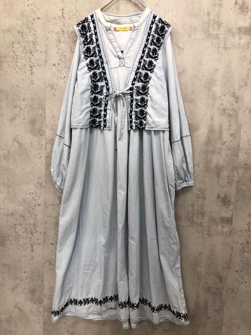 CIAOPANIC チャオパニック 2点セット INDIAベストセットデニム刺繍 ワンピース sizeONE/水色 ■■ ☆ fia5 レディース拍卖