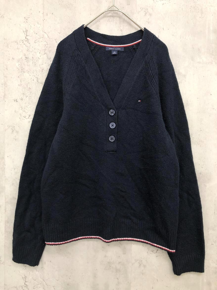 ゆうパケットOK TOMMY HILFIGER トミーヒルフィガー Vネック ボタンデザイン ラグラン ニット セーター sizeS/P/紺 ◇■拍卖
