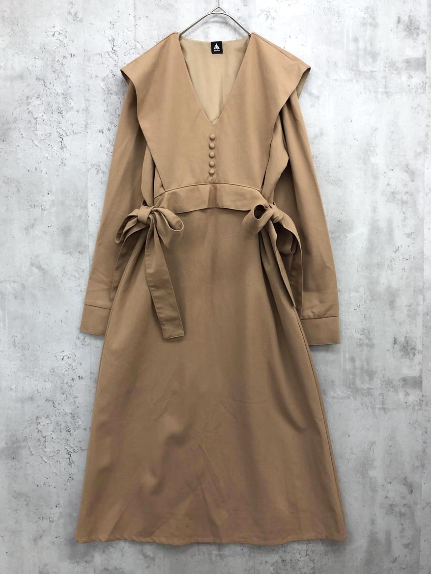 美品 merlot メルロー Vネック サイドリボン ロング 長袖 ワンピース ベージュ系 ◇■ ☆ fic4 レディース拍卖