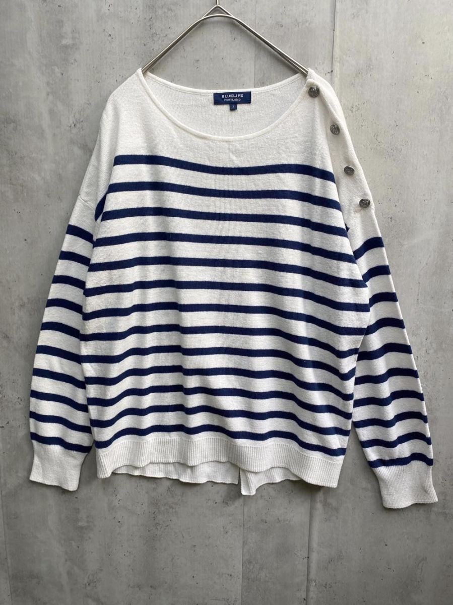 ゆうパケットOK BLUE LIFE PORTLAND ブルーライフ ポートランド ショルダーボタン ボーダー ニット size2/白xネイビー ◇■拍卖