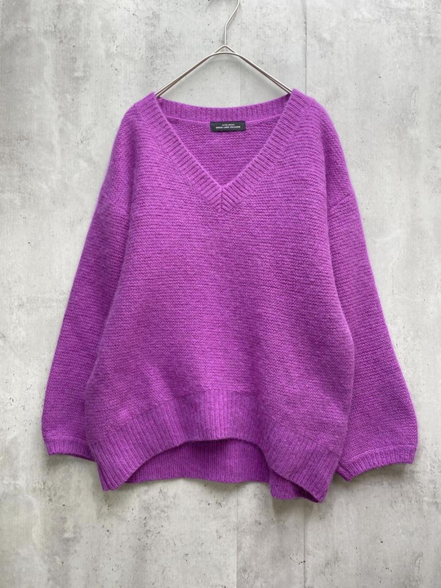 グリーンレーベルリラクシング ユナイテッドアローズ FFC ヘアリー ガーター Vネック ニット 紫 ◆■拍卖