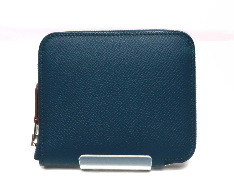 未使用 エルメス B刻 アザップ コンパクト シルクイン 財布 コインケース 小銭入れ ブルーインディゴ ネイビー系 /34283拍卖
