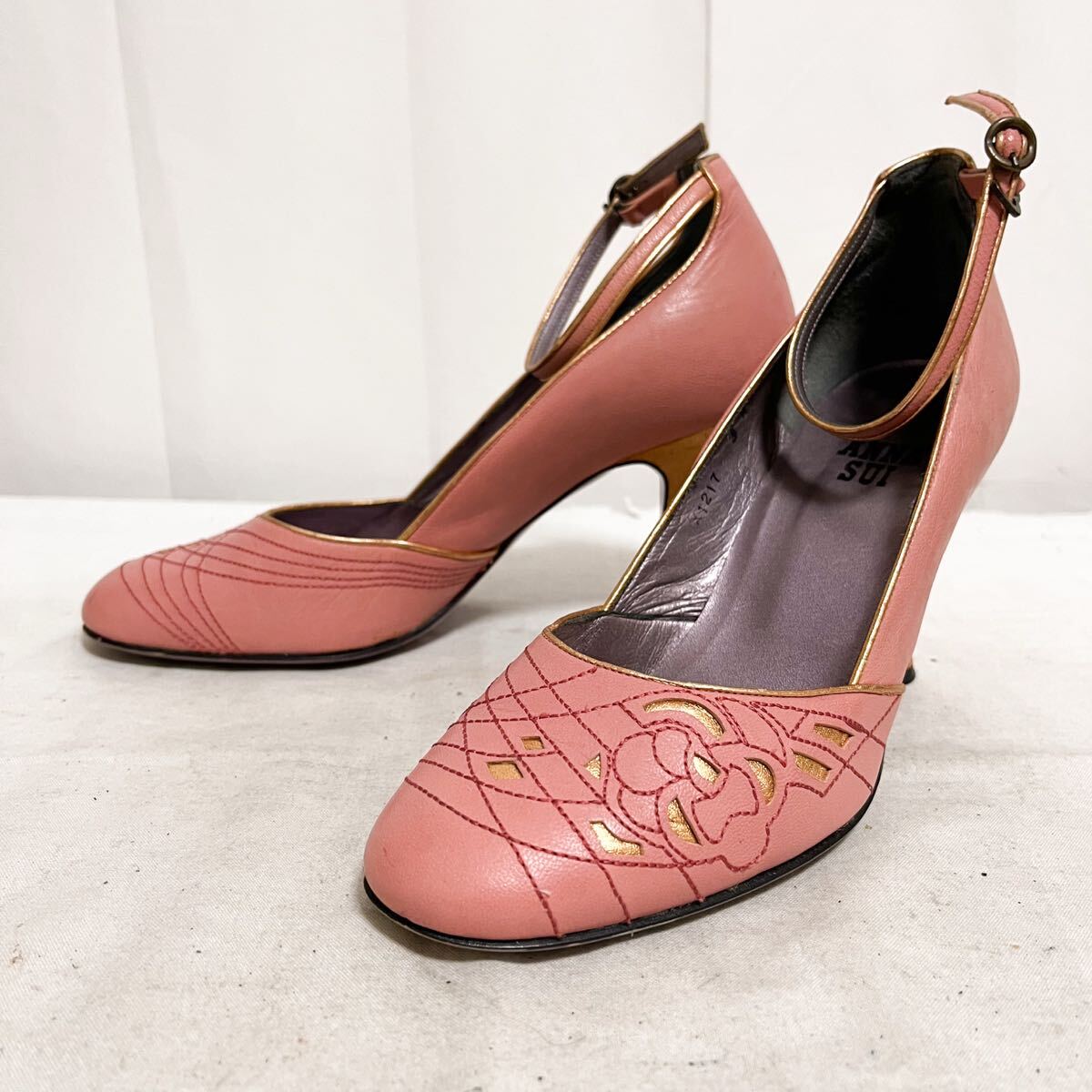 和831★ ANNA SUI アナスイ レザー パンプス ヒール ストラップ シューズ 日本製 3 ピンク レディース拍卖