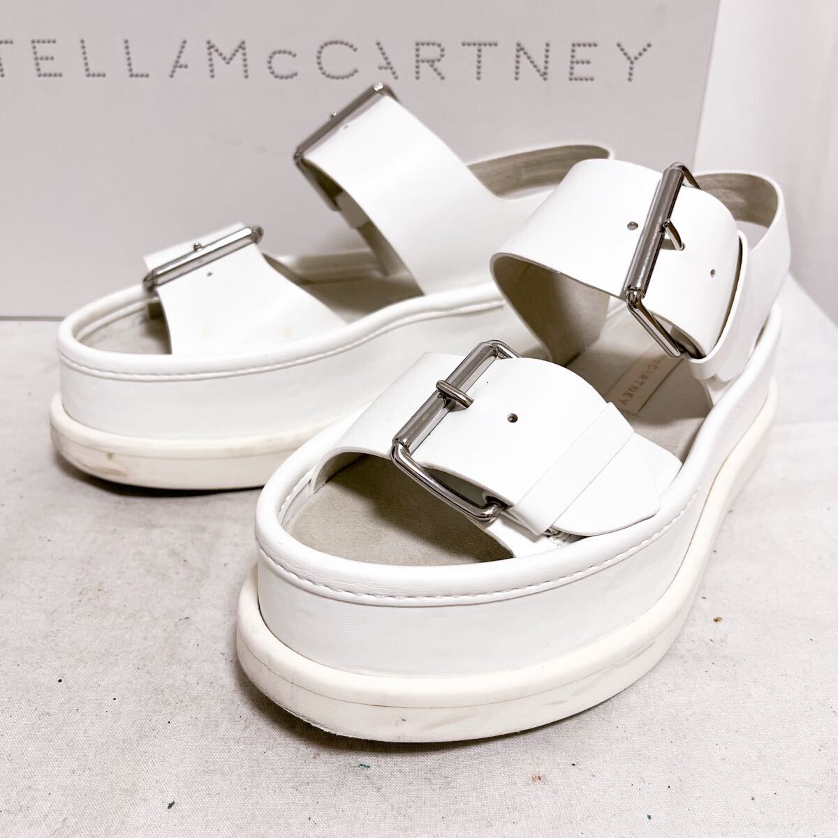和832★ 箱付き STELLA MCCARTNEY ステラマッカートニー レザー 厚底 サンダル シューズ スペイン製 35 ホワイト レディース拍卖