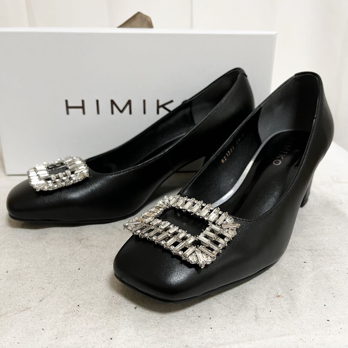 和836★ 美品 箱付き HIMIKO 卑弥呼 ヒミコ レザー パンプス ビジュー ヒール オケージョン 23.5 ブラック レディース拍卖