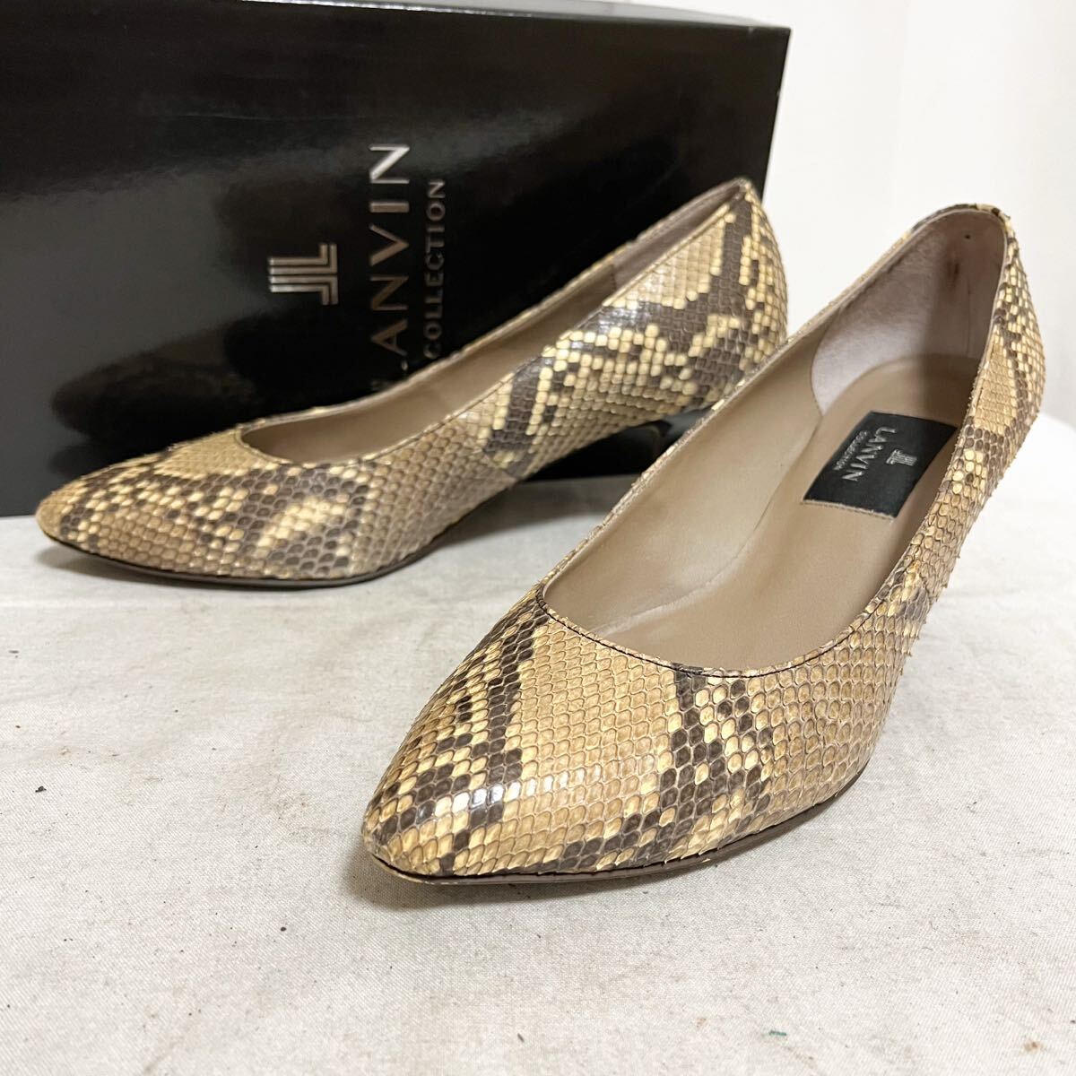 和836★ 箱付き LANVIN COLLECTION ランバンコレクション パンプス ヒール パイソン型押し レザー シューズ 23 ベージュ レディース拍卖