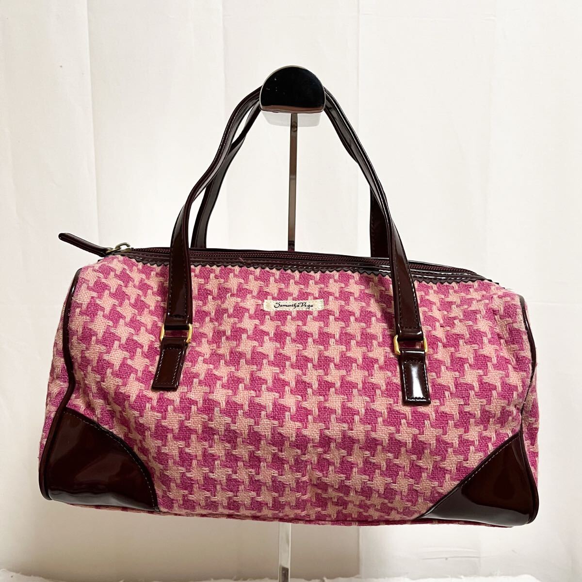 和842★① Samantha Vega サマンサベガ ミニボストンバッグ ハンドバッグ エナメル切替 ピンク ブラウン レディース拍卖
