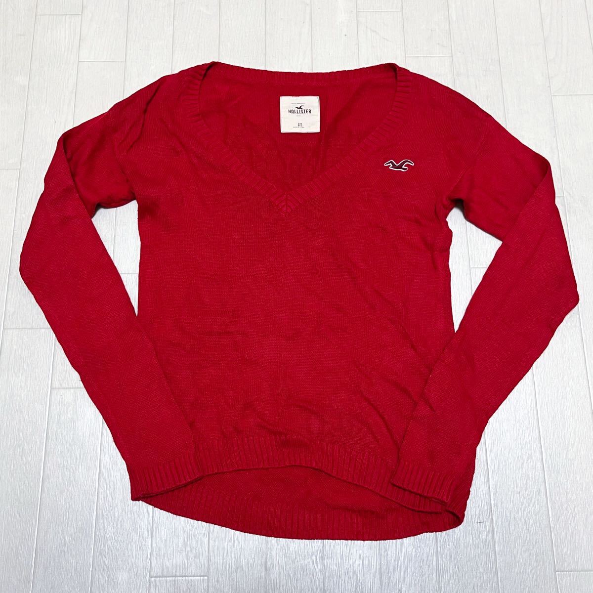 和844★ HOLLISTER ホリスター ニット カーディガン 長袖 Vネック XS レッド レディース拍卖