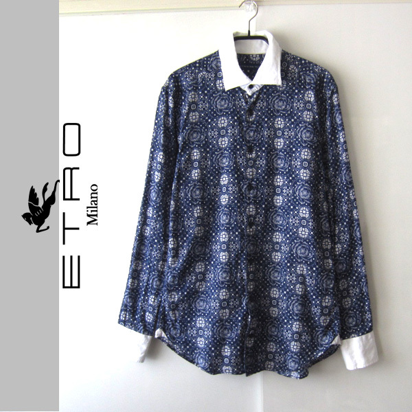 美品 ETRO/エトロ★ 総柄 襟袖切替 長袖シャツ拍卖