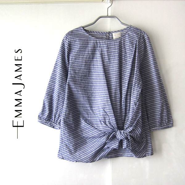 美品 EMMA JAMES/エマジェイムス★ ボーダー 裾結び 七分袖シャツ拍卖