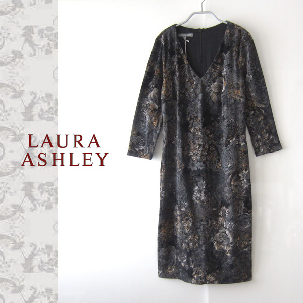 タグ付新品 LAURA ASHLEY/ローラアシュレイ★ ジャガード ベロア ロングワンピース M拍卖