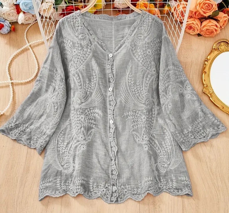 ▼コットンの刺繍ブラウス★グレー★フリーサイズ(M~XL)拍卖