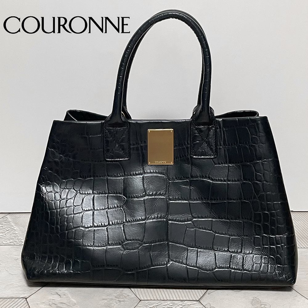 韓ドラ多数登場!定価4.9万円 クロンヌ【COURONNE】牛革 ゴールドプレート付き クロコ型押し レザートートバッグ 墨黒拍卖