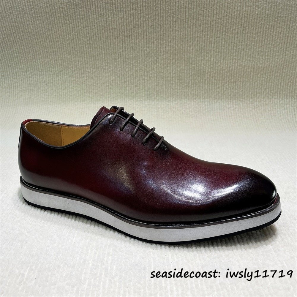 定価9万*本革 ビジネスシューズ メンズ 高級牛革 革靴 ローファー スリッポン レザーシューズ 職人手作り イギリス風 軽量 レッド 27.0cm拍卖