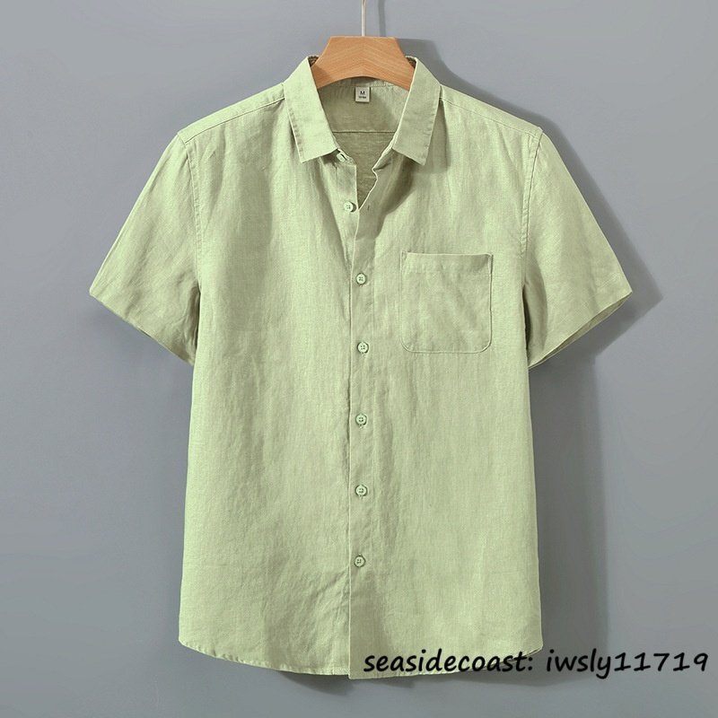 夏新品 リネンシャツ メンズ 麻100% 無地 半袖シャツ ビジネス 開襟シャツ リネン サマーシャツ 麻 カジュアル 心地良し 快適 グリーン M拍卖