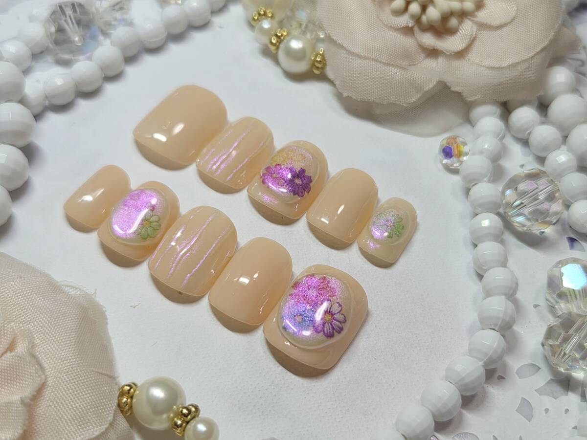 即決☆ジェル加工済ネイルチップ☆ベリーショートS フラワー ベージュピンク拍卖