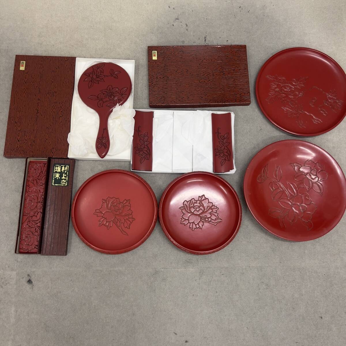 #14733 村上堆朱 堆朱 伝統工芸品 菓子器 皿 手鏡 箸入れ 7点おまとめ 現状品拍卖