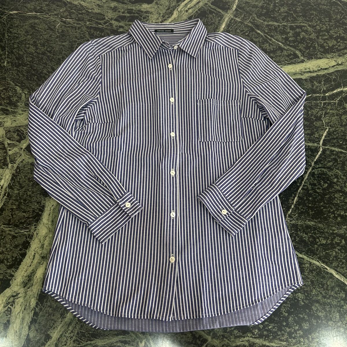 【美品】FONTANA GRANDE★フォンタナグランデ 長袖シャツ 38サイズ Mサイズ程度 ブルー ホワイト ストライプ レディース拍卖