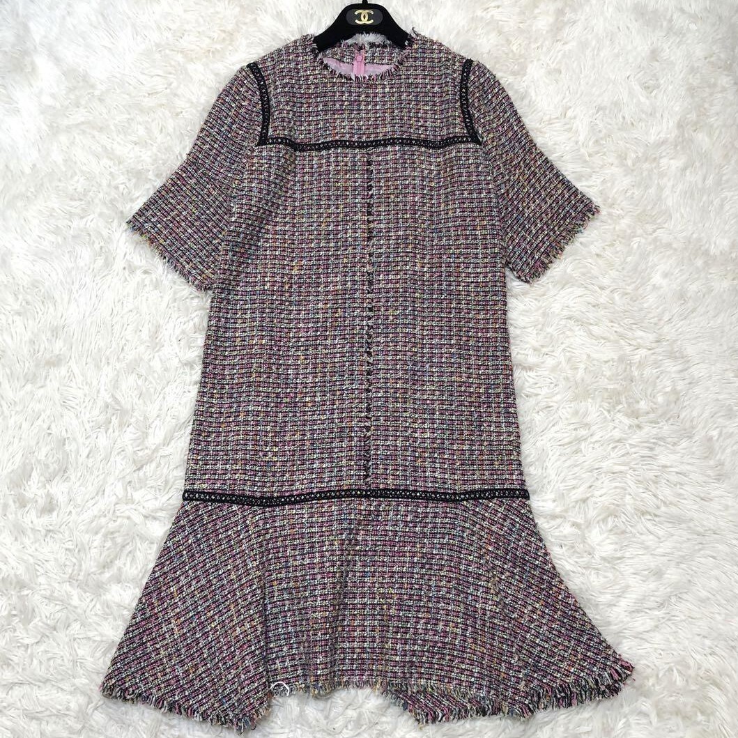 【美品 田中みな実着用】ルルウィルビー LOULOU WILLOUGHBY カラーツイードペプラムワンピース 半袖 ラメ 切りっぱなし カットオフ ピンク拍卖