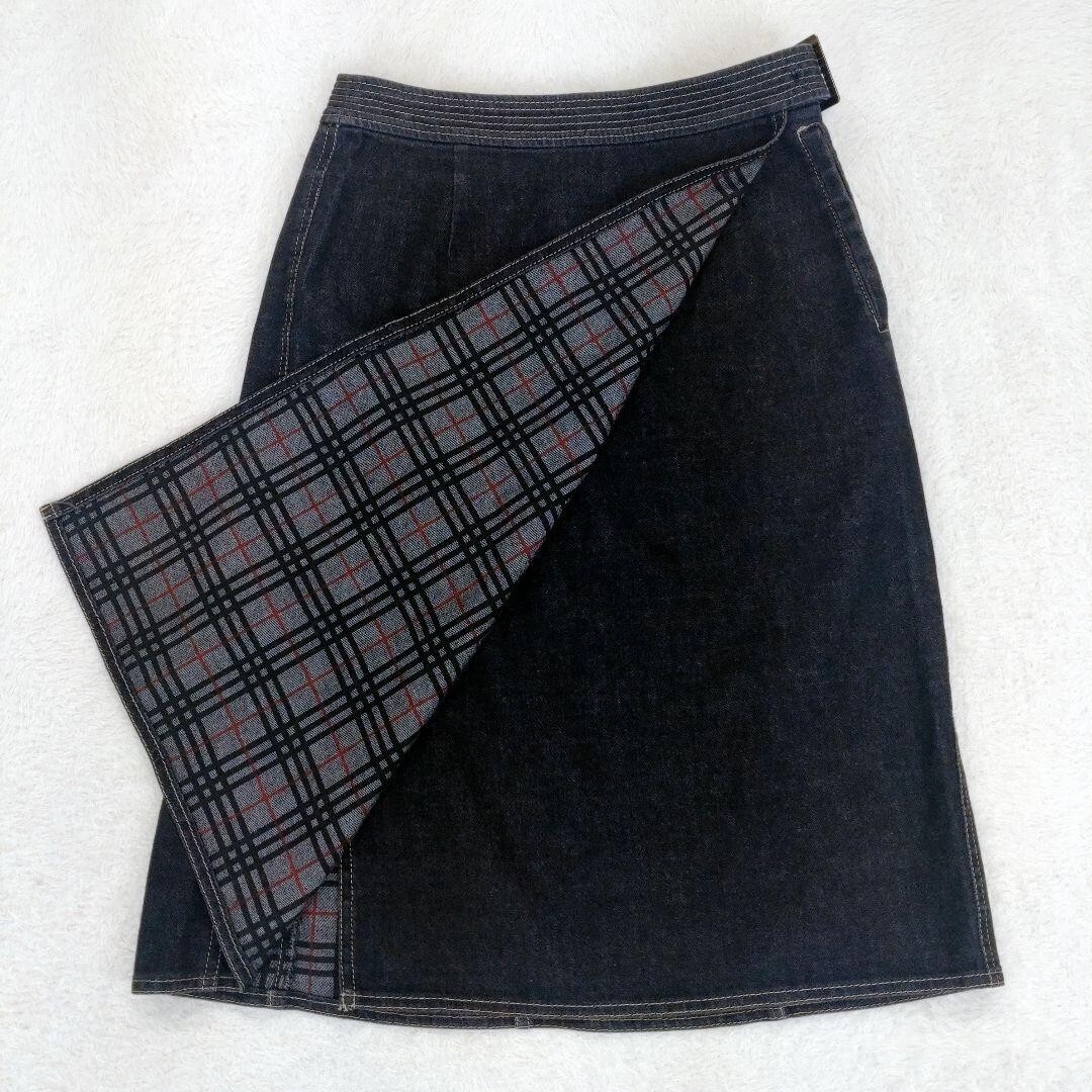 【美品 ノバチェック】バーバリーロンドン BURBERRY LONDON デニムラップスカート ベルト ロゴ刻印 シルバー金具 ステッチ ストレッチ 灰拍卖
