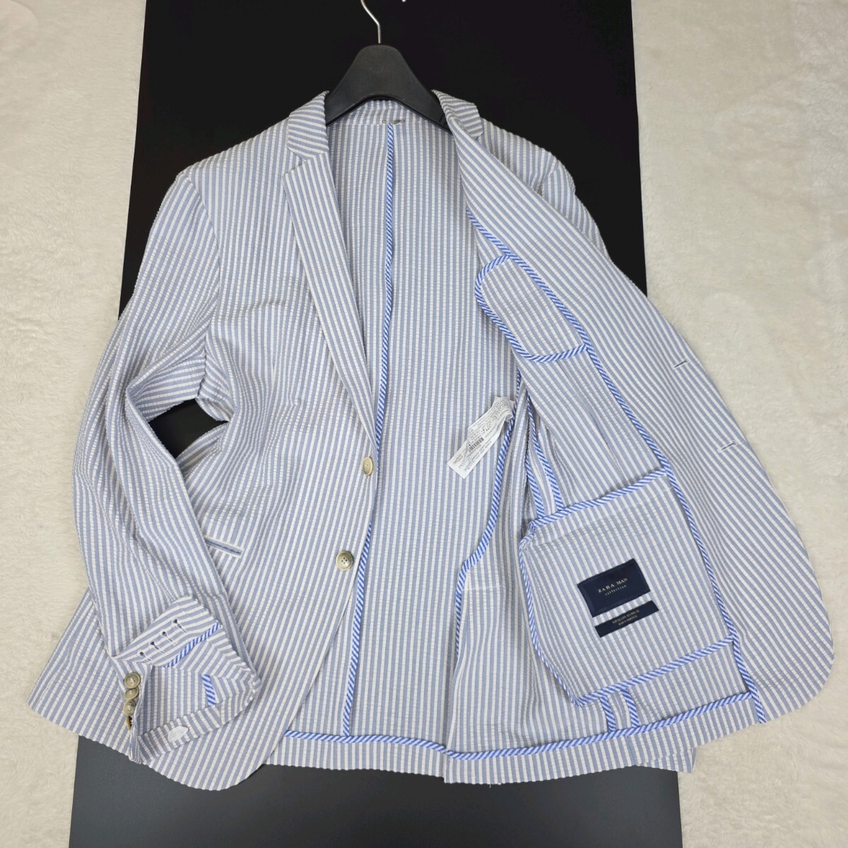 【シアサッカー 特大3L】ザラ テーラードジャケット ブレザー ストライプ 本切羽 マリンブルー シングル ZARA MAN Collection 2B サイズ52拍卖