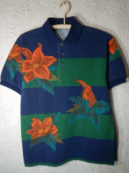 to8056 PIA SPORTS ピア スポーツ 日本製 レトロ vintage ビンテージ 半袖 ポロシャツ ボタニカル 鳥 デザイン 送料格安拍卖