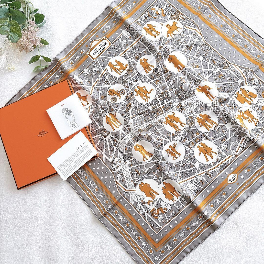 送料無料 極美品 エルメス HERMES カレ55 新パリの恋人たち シルク100% 箱付拍卖