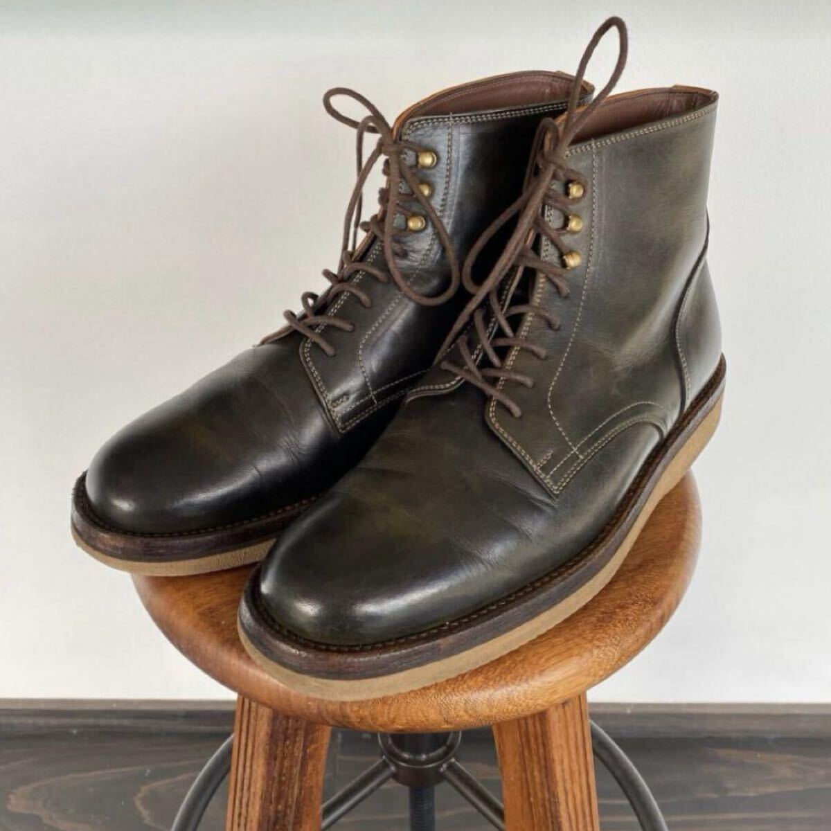 【希少色 LEATHER & SILVER MOTO モト レザー 1640 ワークブーツ 革靴 深緑 ダークグリーン 本池秀夫 本池大介 メンズ2 26.5〜27.0cm】拍卖