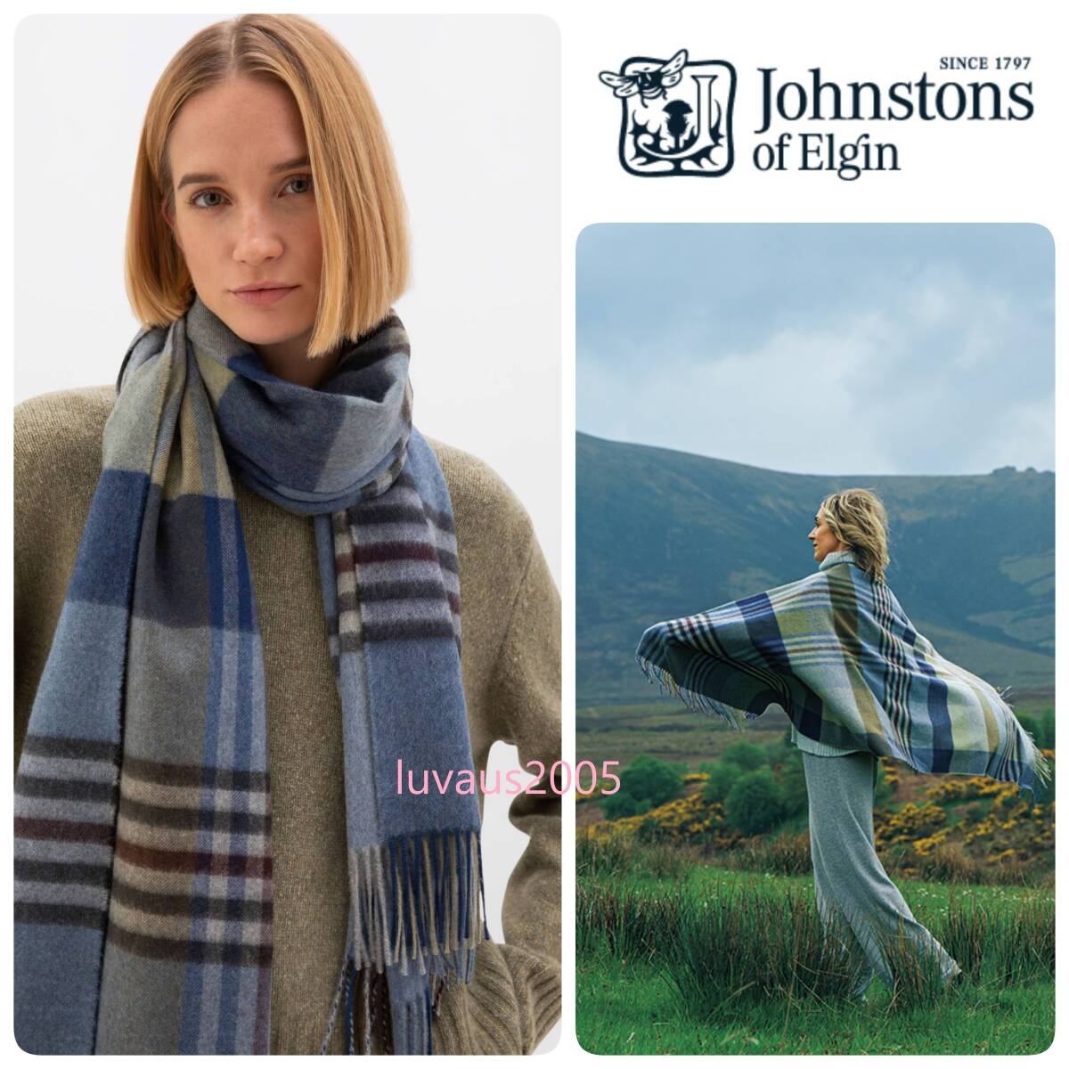 希少カラー★新品 国内正規代理店タグ付 JOHNSTONS ジョンストンズ WA56 大判 カシミヤストール ブルー チェック 定価93500円拍卖