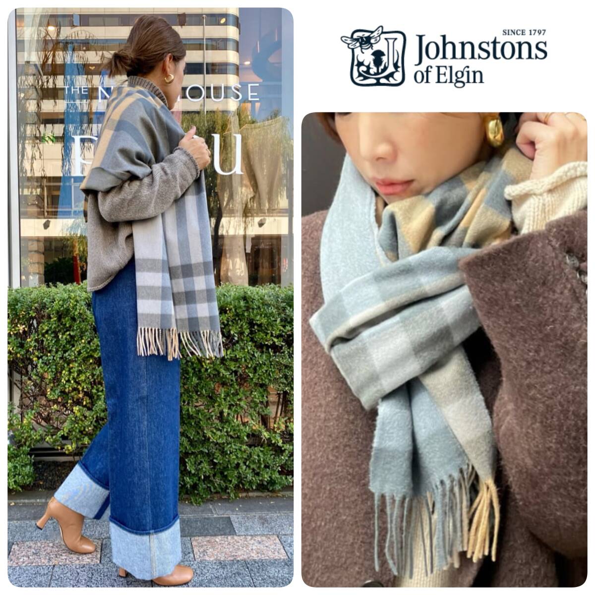 日本別注希少★新品 国内正規代理店タグ付 JOHNSTONS ジョンストンズ キャメル グレー チェック WA56 大判 カシミヤストール 定価93500円拍卖