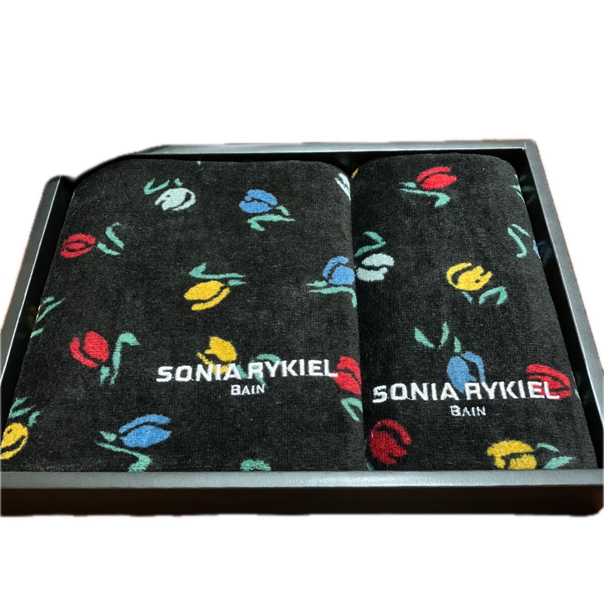 ソニアリキエル SONIA RYKIEL ロングフェイスタオル&ゲストタオル 黒ベース チュリップ シャーリング加工 日本製 タオルのみ発送拍卖