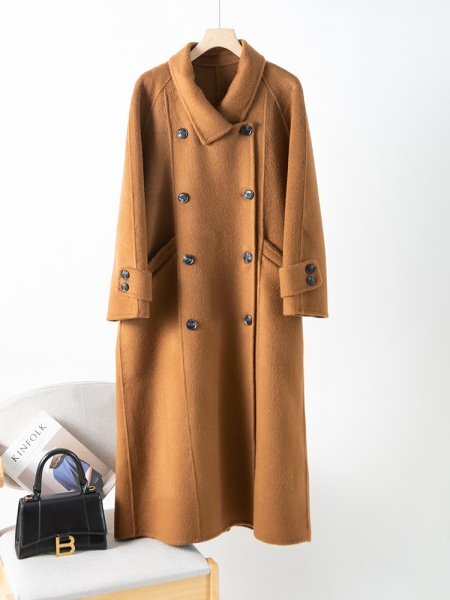 新品暖かいレディースウールトレンチロングコートジャケットダブルボタンカーキ拍卖