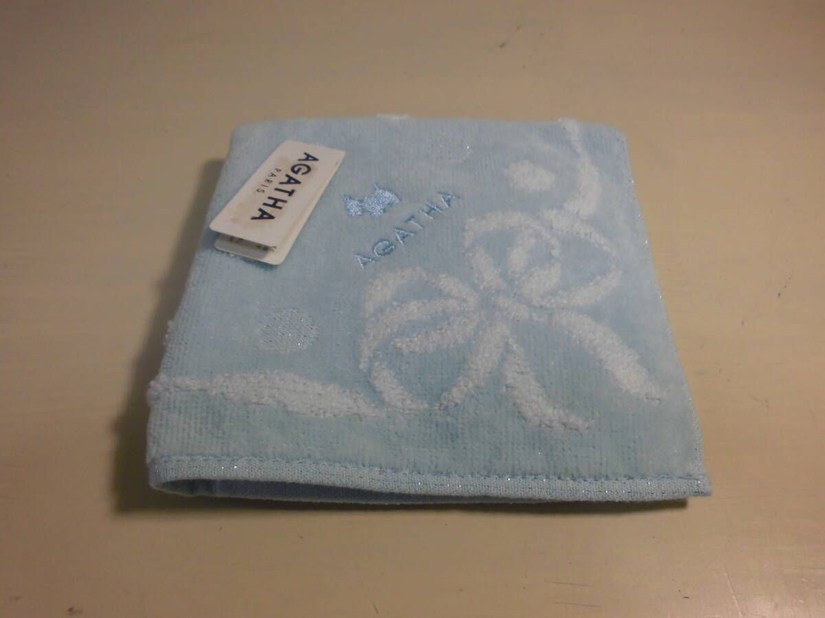 送料140円~ AGATHA アガタ タオルハンカチ ブルー 刺繍 ドット リボン ロゴ刺繍 no231001拍卖