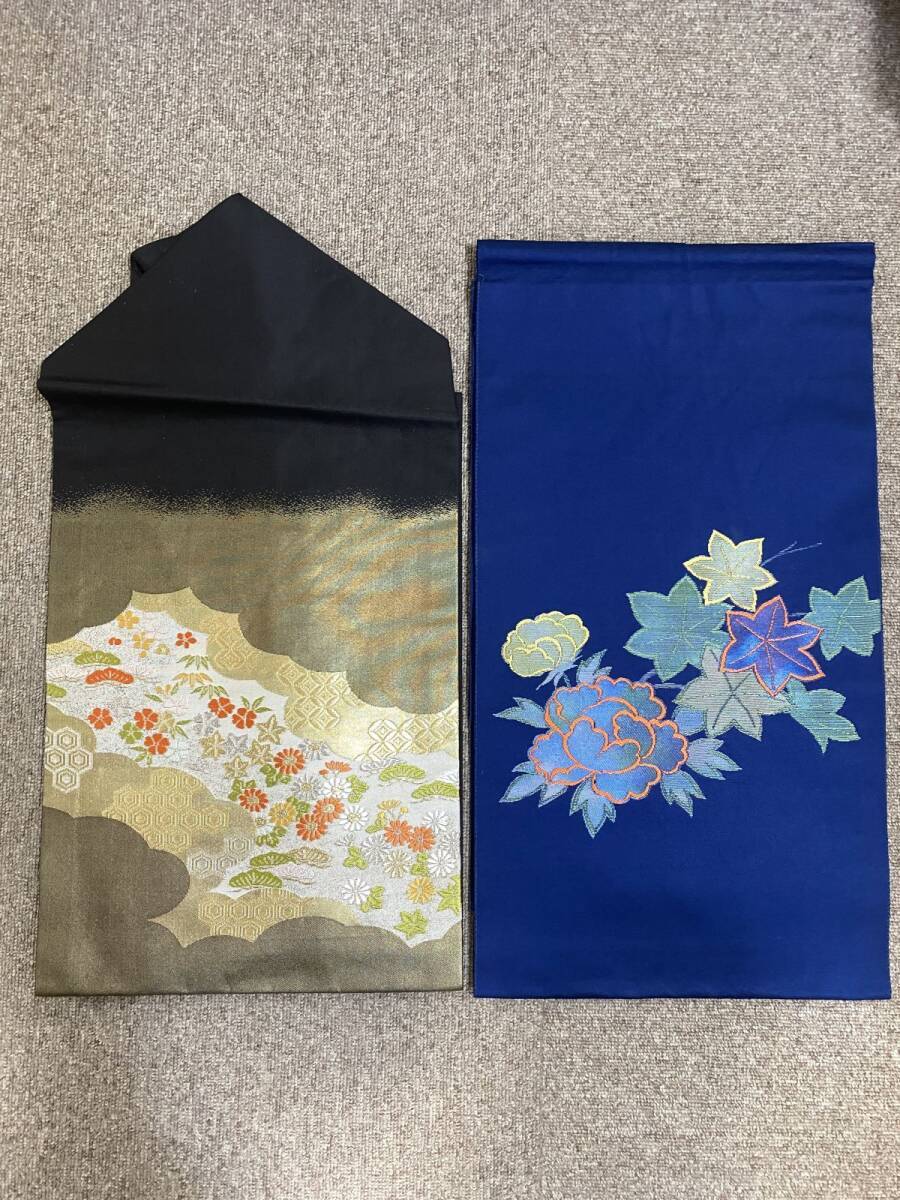 二点まとめ 名古屋帯 吉祥紋様 黒 紅葉 青 和装 和服 アンティーク リメイク 着物 帯(13343)拍卖