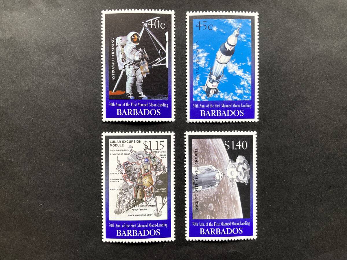 外国切手: バルバドス切手 「アポロ11号史上初めての人類による月面着陸30年」4種完 未使用拍卖