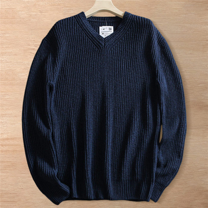 Y6423-XL ネイビー 新品 ウール混 ニット セーター 欧米サイズ Vネック 無地 柔らか 暖かさ 秋冬 厚手 メンズ カジュアル トップス拍卖