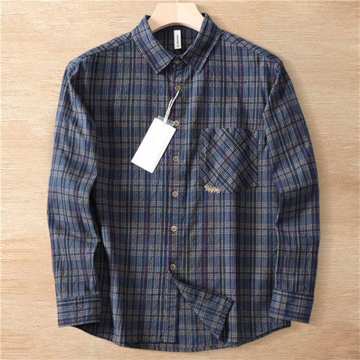 Y6280-L ネイビー 新品 長袖シャツ 綿麻混 先染め ウォッシュ加工 格子柄 チェック 快適 通気 夏秋 ゆったり メンズ レギュラーカラー拍卖